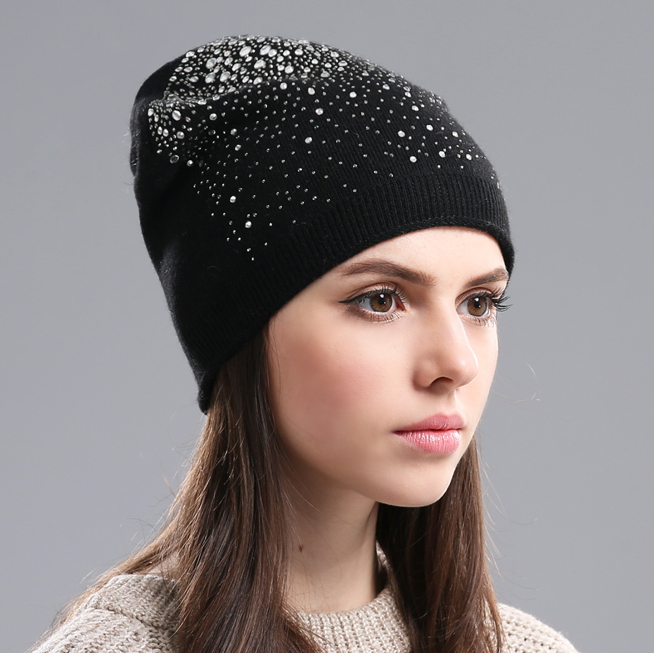 冬天帽子套头帽加厚羊毛帽秋冬季女士带钻保暖帽闪钻针织帽-阿里巴巴