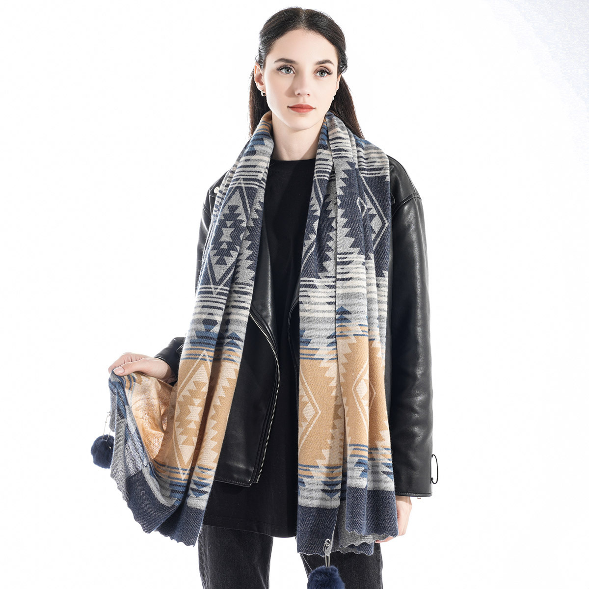 European and American Autumn and Winter New Fashion Thickened Cashmere-like Geometric Rhombus Stripe Bohemian Women's Scarf Shawl