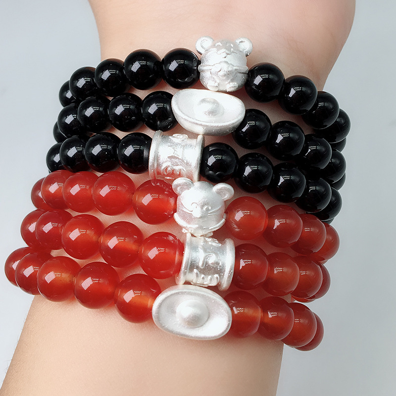 鼠年新款纯银红黑玛瑙元宝手链男女情侣款黑红玛瑙玫瑰花手链批发