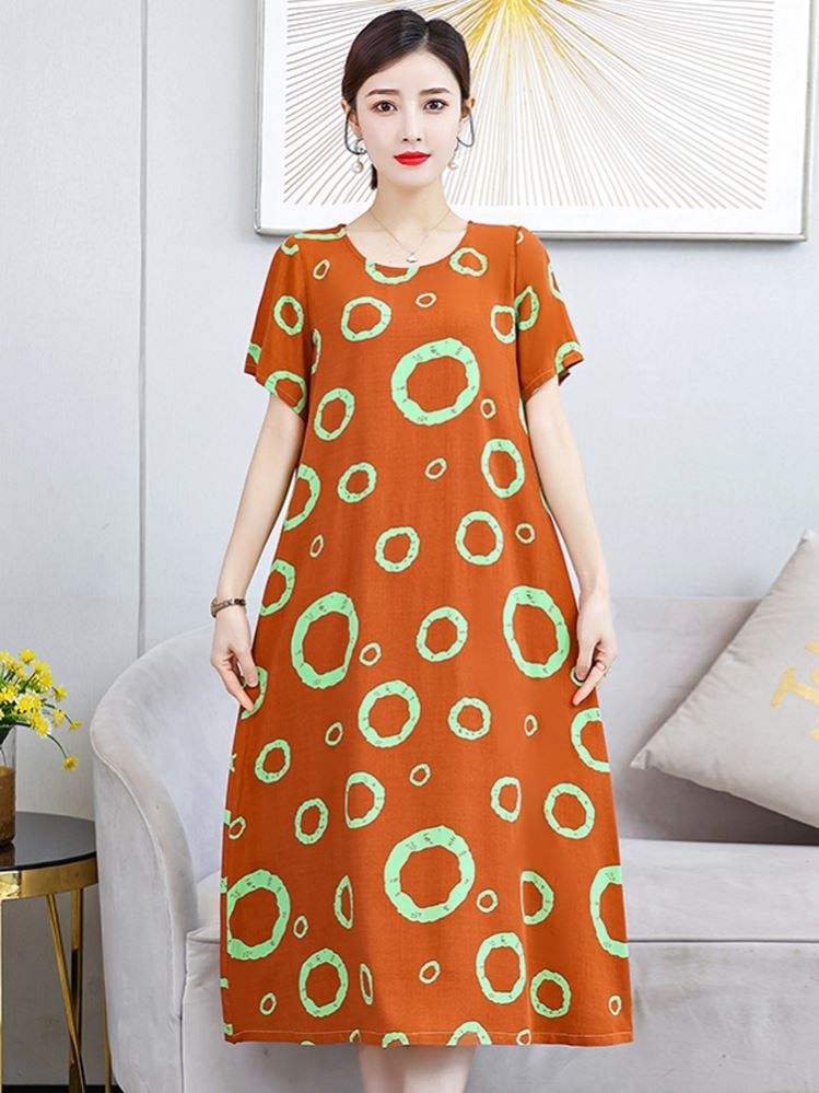 妈妈夏装棉绸连衣裙中老年女洋气碎花大码人造棉气质过膝长款裙子