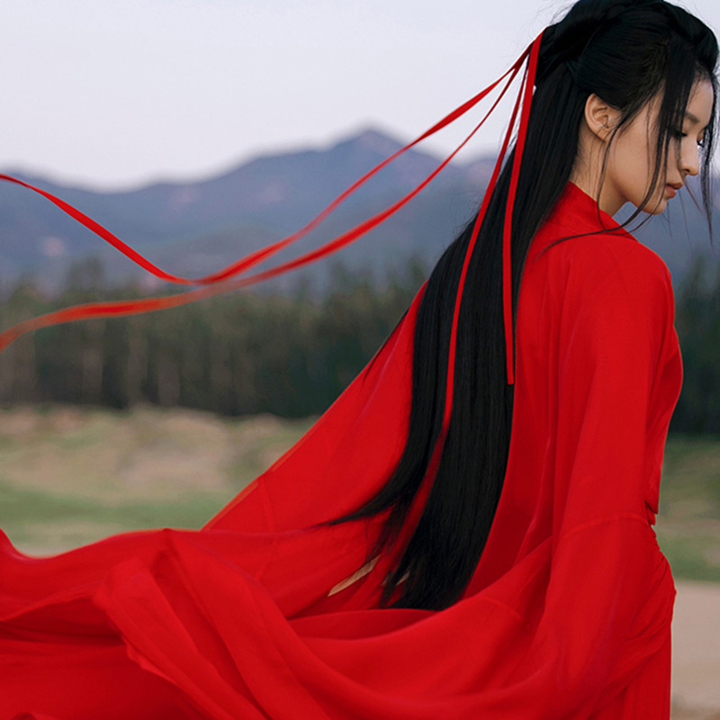 红色魏晋风武侠古装汉服女中国风交领古风摄影写真舞蹈演出服套装