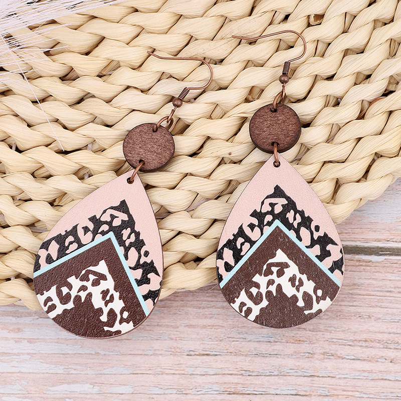 Cross-Border Vintage Leopard Print Leather Wood Piece Drop-Shaped Earring Pendant for Ladies Earrings Aliexpress Amazon Xi Yin