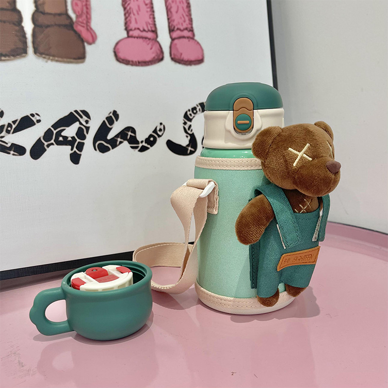 316 Stainless Steel Kettle Student School Gift Band Straw Water Cup Plush Toy Cartoon Children's Thermos