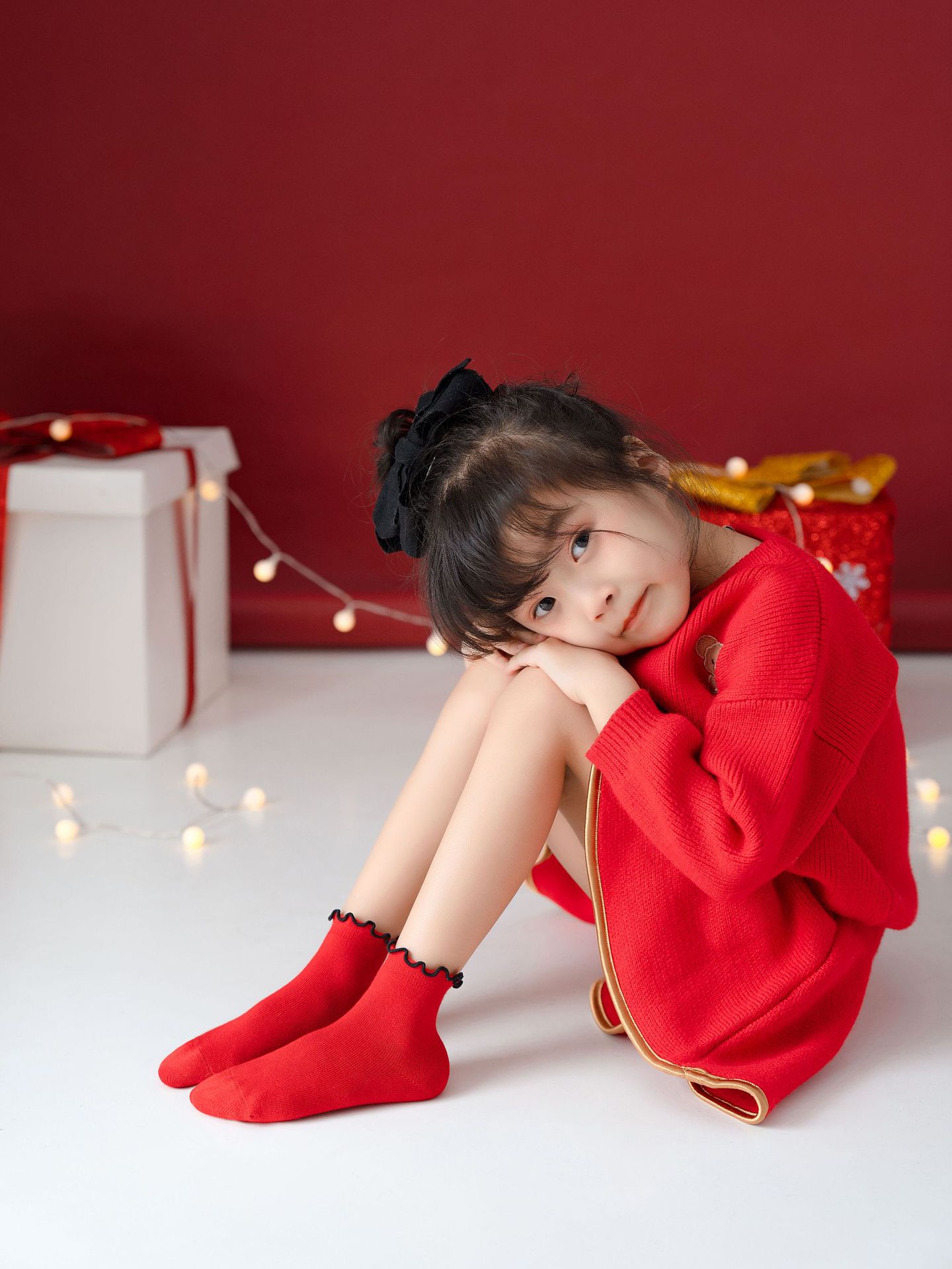 秋冬新款儿童大红色袜子批发女童蝴蝶结新年中筒袜中小童宝宝棉袜