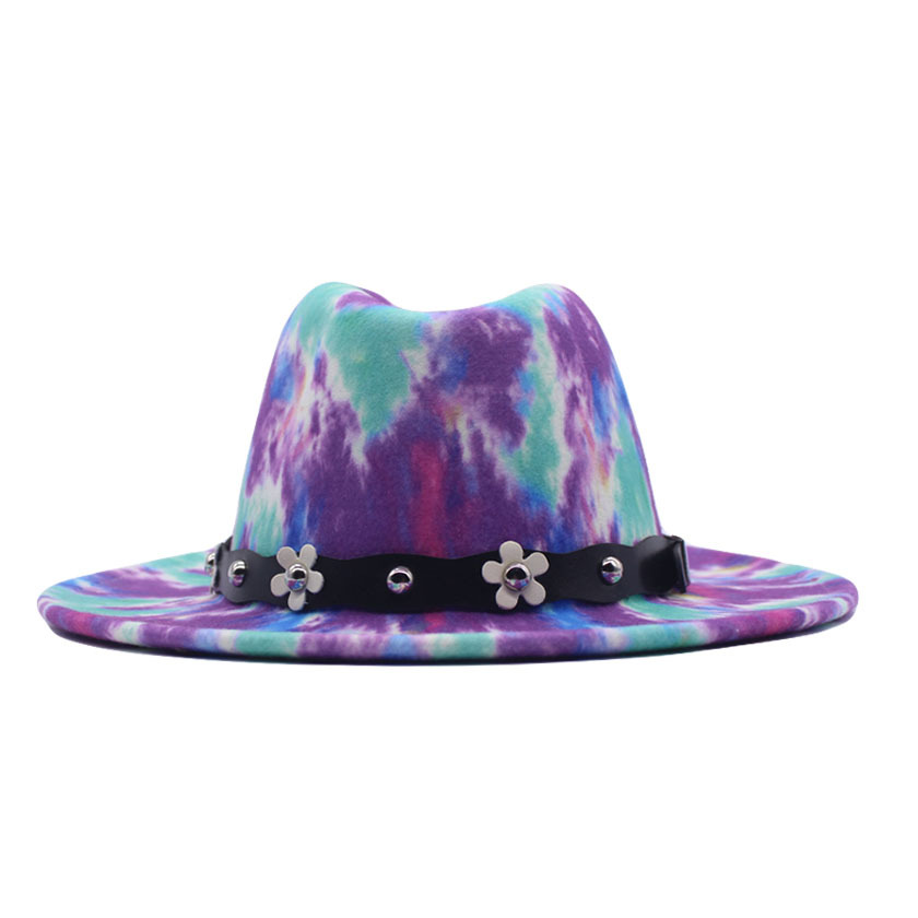 新双面扎染毛呢礼帽欧美时尚新款彩色帽子大檐爵士毡帽水墨画礼帽