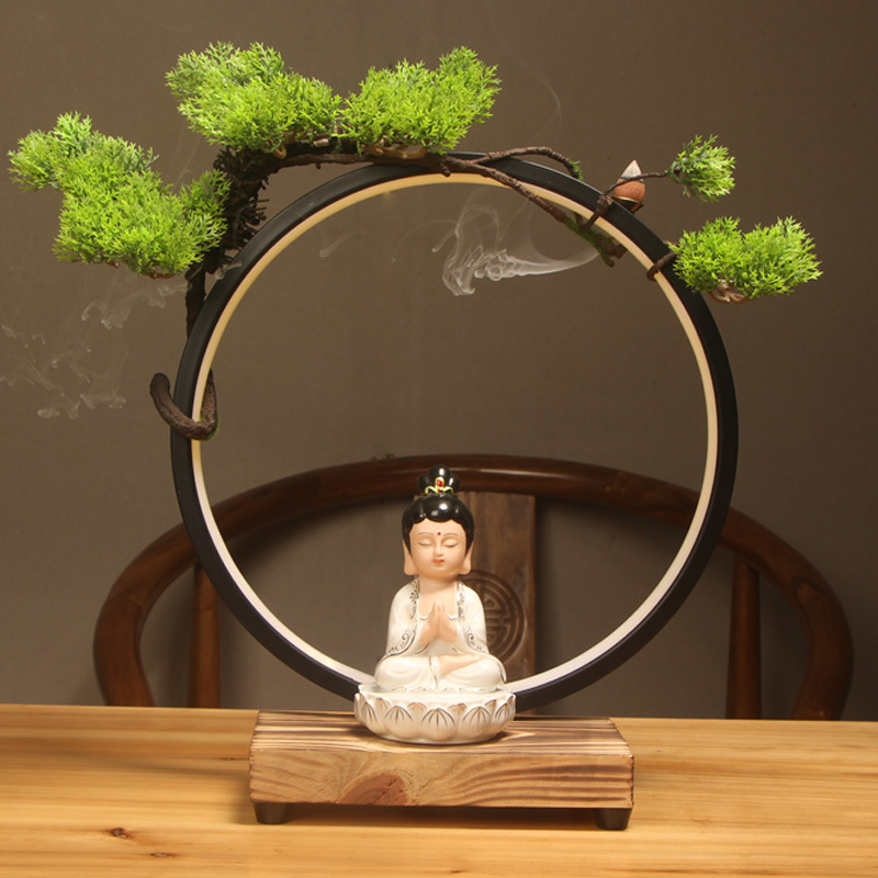 新中式客厅迎客松倒流香炉禅意观音如来倒流香佛系创意灯圈香炉摆