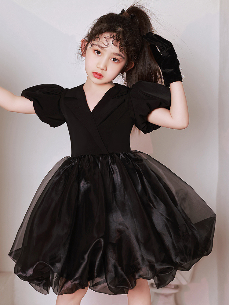 小提琴演奏演出服大童童装新款一字肩抹胸黑色纱裙丝绒蓬蓬纱裙连衣裙
