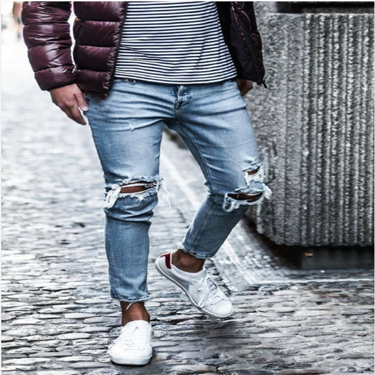 European Station Denim with Hole Men's Pants European and American Fall Slim Fit Slimming New Stretch Trousers Men's Skinny Pants