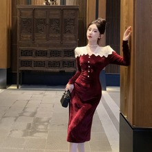 赫本风法式复古设计感丝绒连衣裙女秋冬名媛气质酒红色丝绒晚礼服