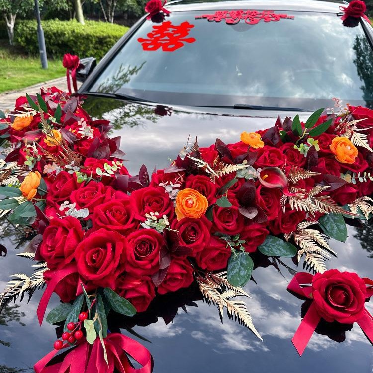 婚车装饰车头花主车花车结婚头车花车队拉花布置吸盘车顶皇冠