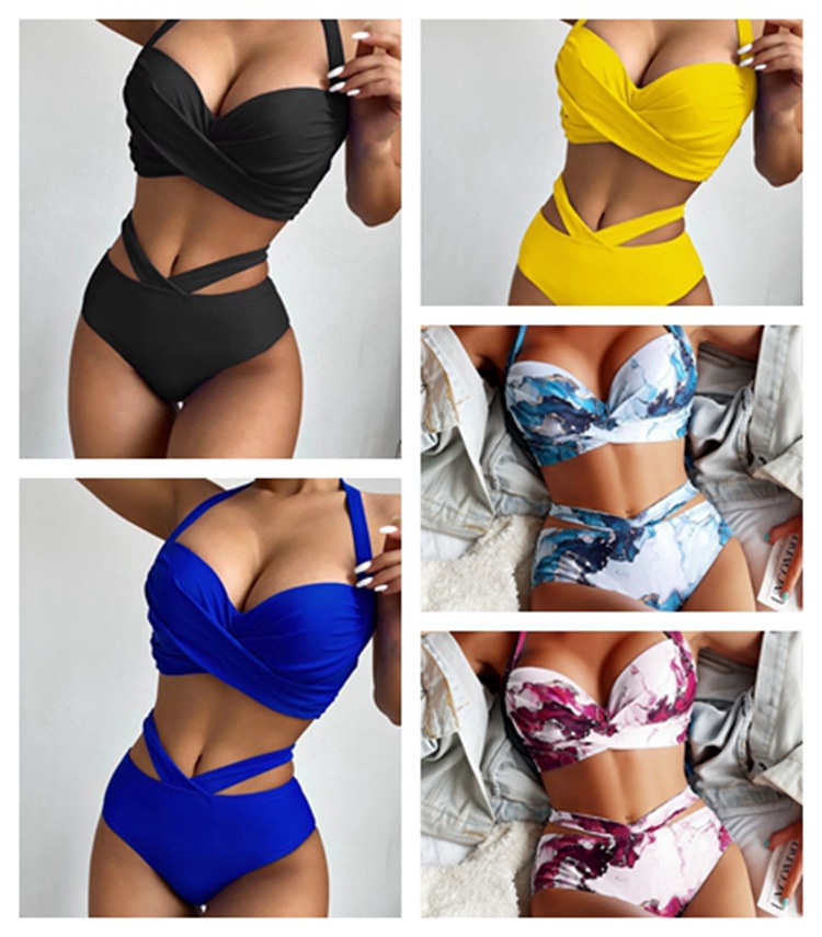 Cross-Border 22-Year European and American New Bikini Swimsuit Steel Support Fashion Sexy Print High Waist Split Bikini Swimsuit