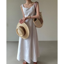 韩国chic极简主义 气质圆领收腰显瘦纯色无袖连衣裙