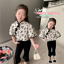 中小童女夏新款2024韩版花朵印花短袖珍珠扣上衣微喇裤两件套套装