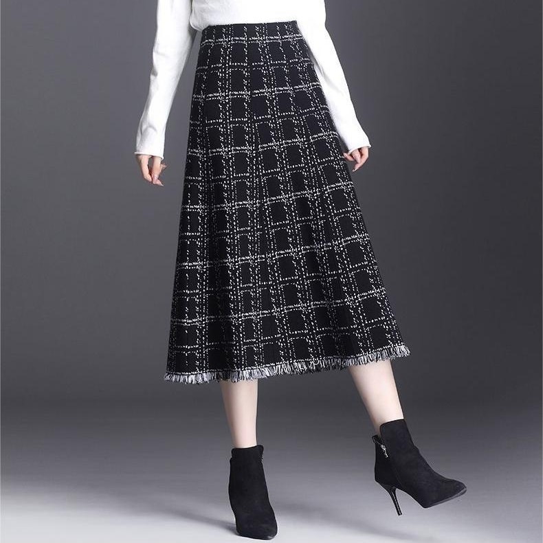 针织半身裙女秋冬季2022新款韩版中长款流苏高腰a字裙包臀毛线裙