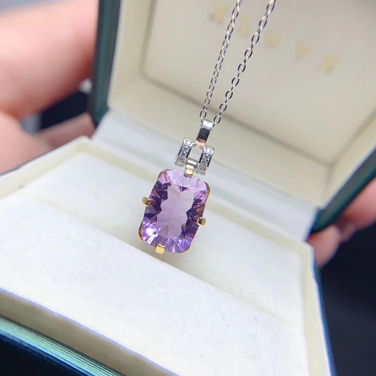 一件代发天然紫水晶吊坠韩版方形项链女甜美天然紫水晶吊坠锁骨链