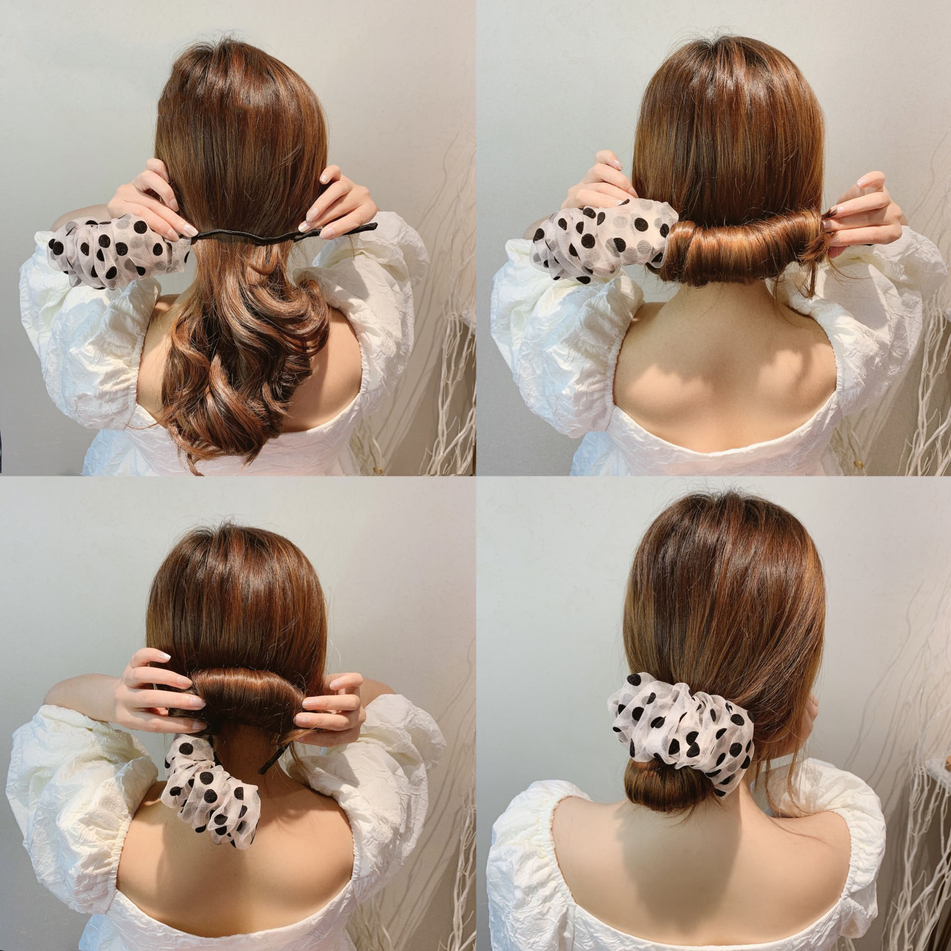 韩国新款丸子头盘发器网红懒人波点蕾丝编发造型甜美气质蓬松发箍