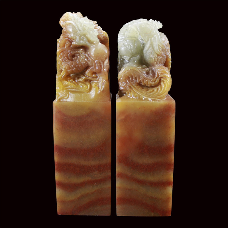 福建寿山石文峰正品老挝石篆刻石料印章石批发龙凤貔貅对章直播购