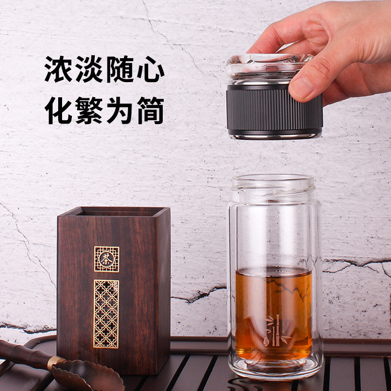 批发金力透明泡茶玻璃杯家用商务男士双层隔热耐高温便携车载茶水