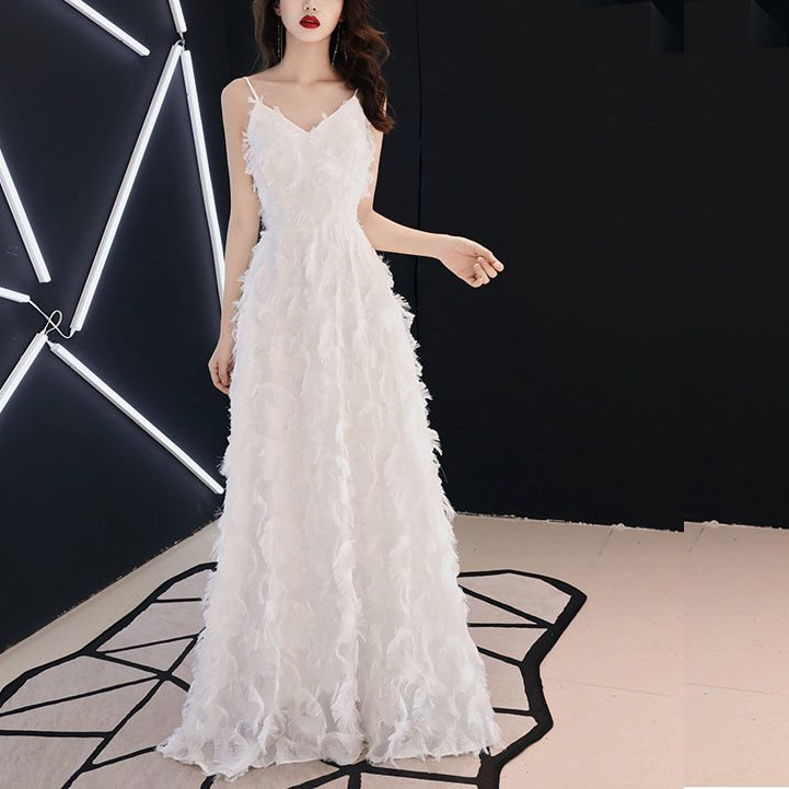 气质超仙羽毛吊带长款连衣裙气场女王晚宴伴娘礼服时尚优雅晚礼服