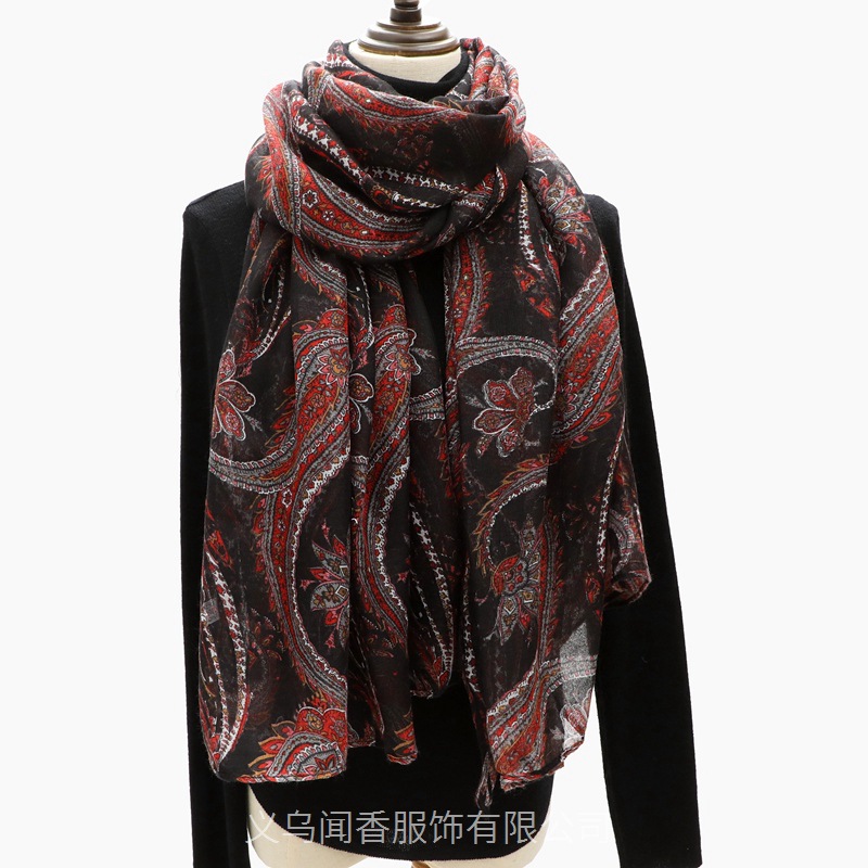 New Ethnic Style Cotton and Linen Scarf Voile Large Size Shawl Cashew Print Middle-Aged and Elderly Neck Protection Scarf Scarf