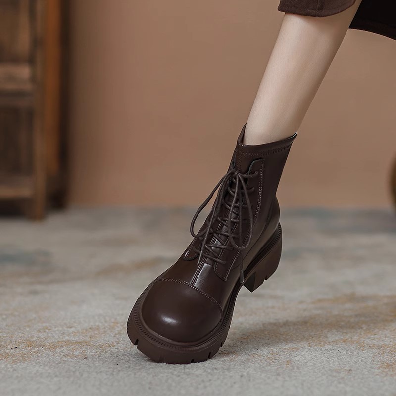 棕色马丁靴女2024夏季新款英伦风厚底瘦瘦靴ins潮薄款后拉链短靴