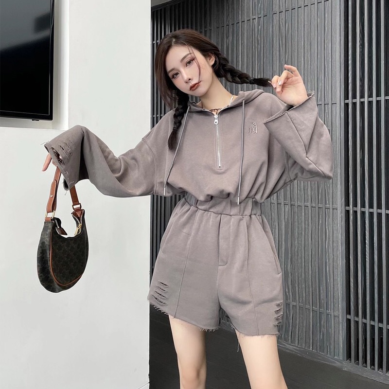 收腰连体裤女复古2022年秋季韩版宽松高腰破洞连体短裤1073