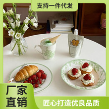 5NQJ绿色铃兰花法式盘子ins感蛋糕精致漂亮深盘餐具餐盘杯碟套装