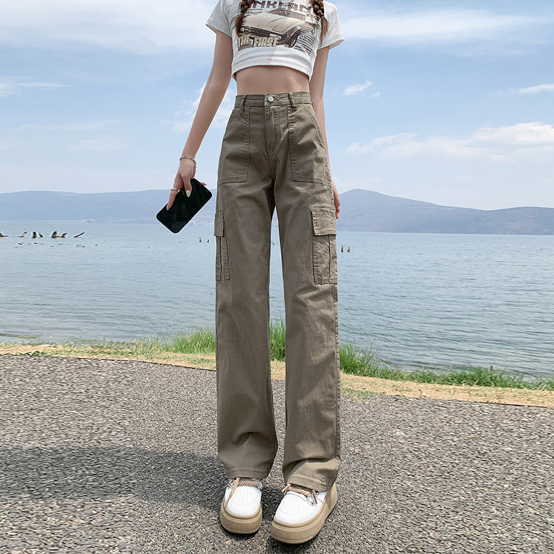 American Hot Girl High Waist Straight Cargo Pants Women's Summer 2023 New Loose Slimming Casual Wide Leg Mop Pants