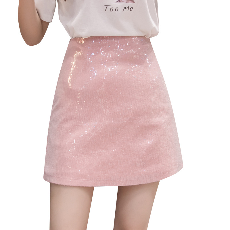 亮片春季粉红色裙子短裙a字裙半身裙女夏装2021新款高腰显瘦半裙