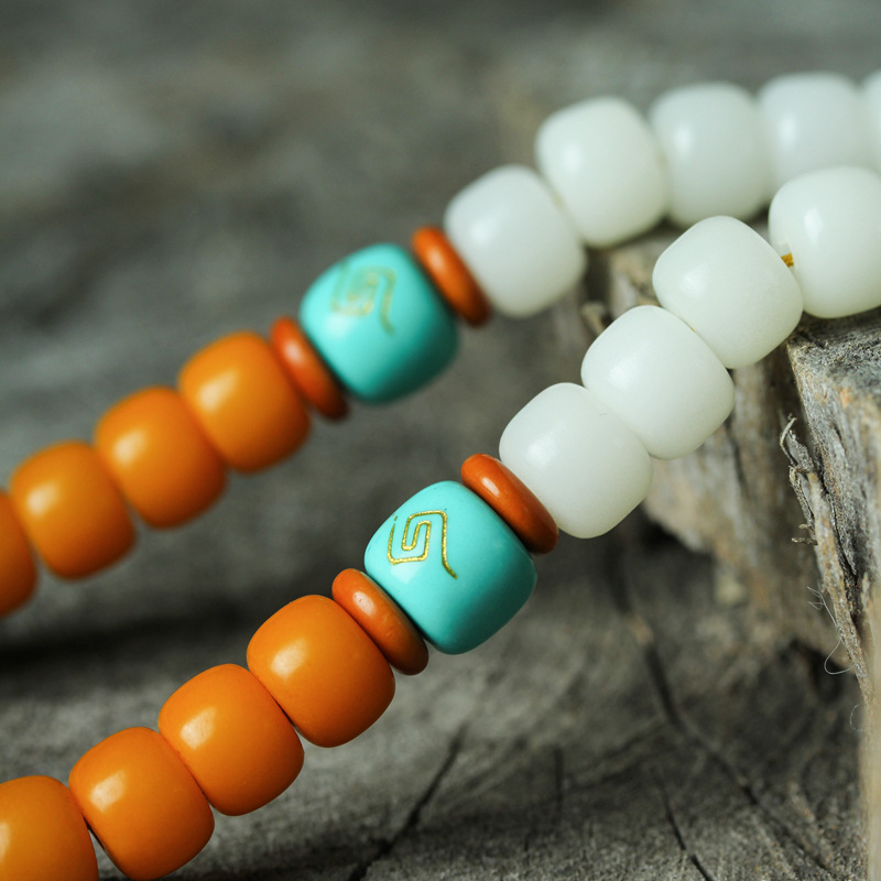 海南白玉菩提根108颗 双拼色风化黄桶珠男女款佛珠搭配玛瑙天珠