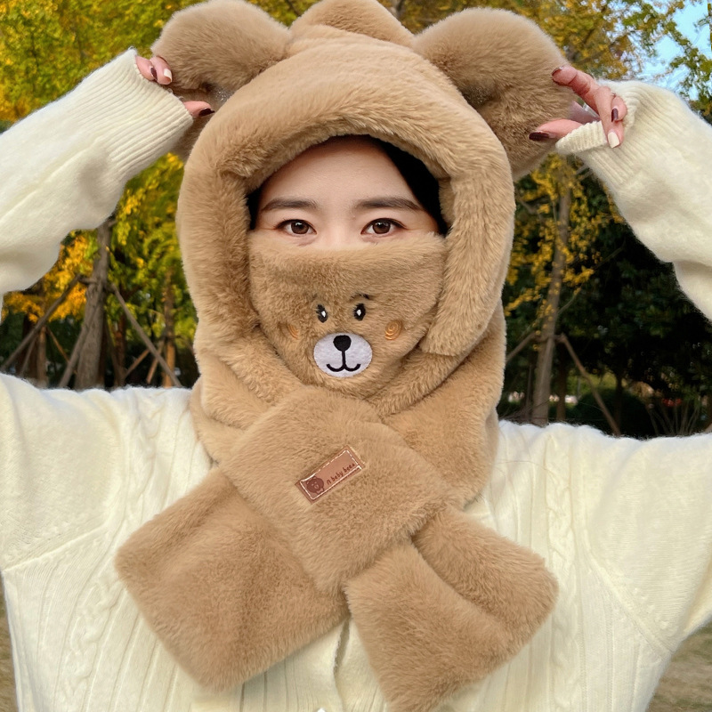 Bear Hat Scarf Integrated Female Autumn and Winter All-Matching 2023 Cycling Cute Warm Hooded Plush Scarf Hat