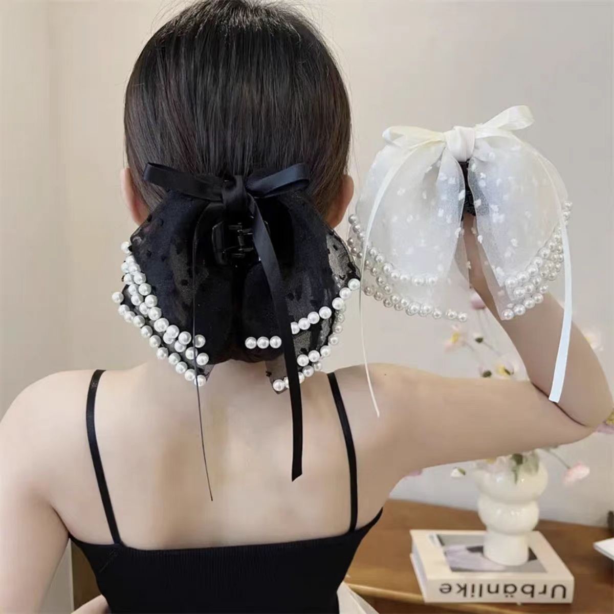 超仙多层蝴蝶结半扎发珠珠抓夹女后脑勺新款盘发鲨鱼夹高级感发夹