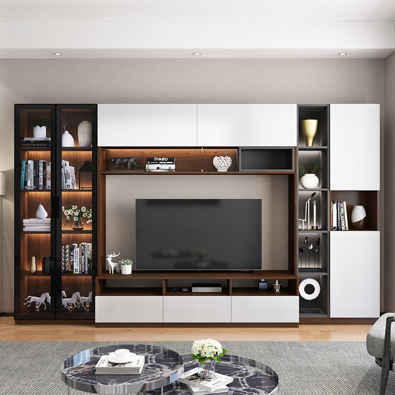 客厅电视柜一体组合墙柜现代简约背景墙电视机柜实木书柜柜子