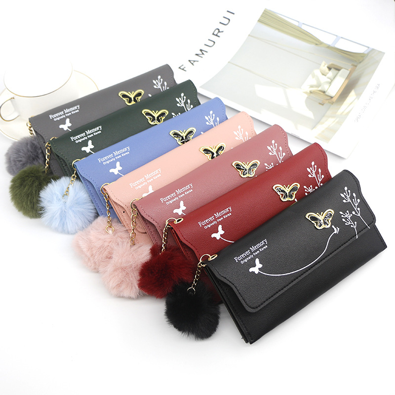 Manufacturer Direct Wholesale Women's Bag Women's Long Wallet Solid Color Fur Ball Bow Clutch Women's Long Wallet Card Holder Coin Purse