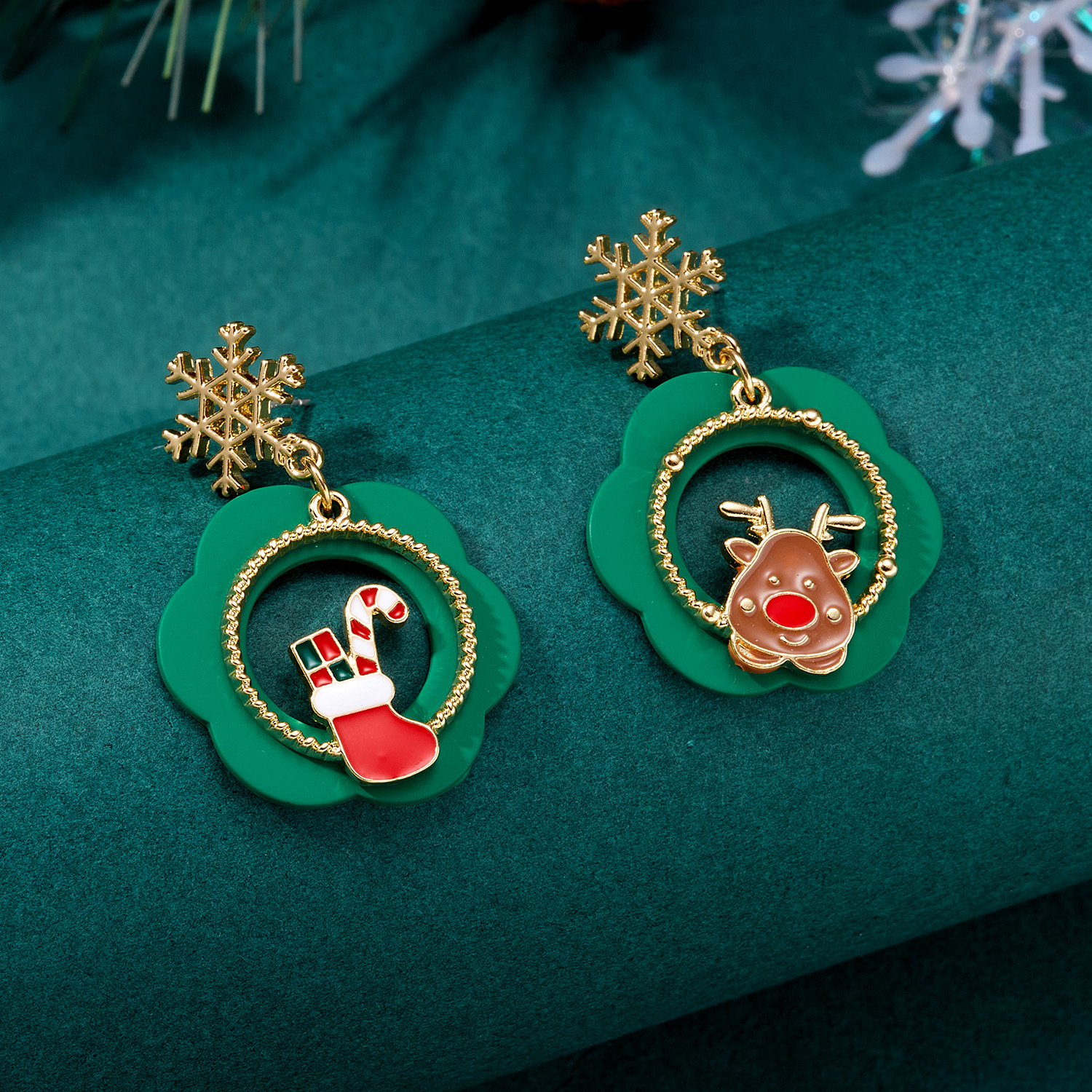 Cross-Border New Arrival Christmas Tree Cane Snowflake Flower Santa Claus Earrings Types a and B Asymmetric Christmas Stud Earrings Earrings