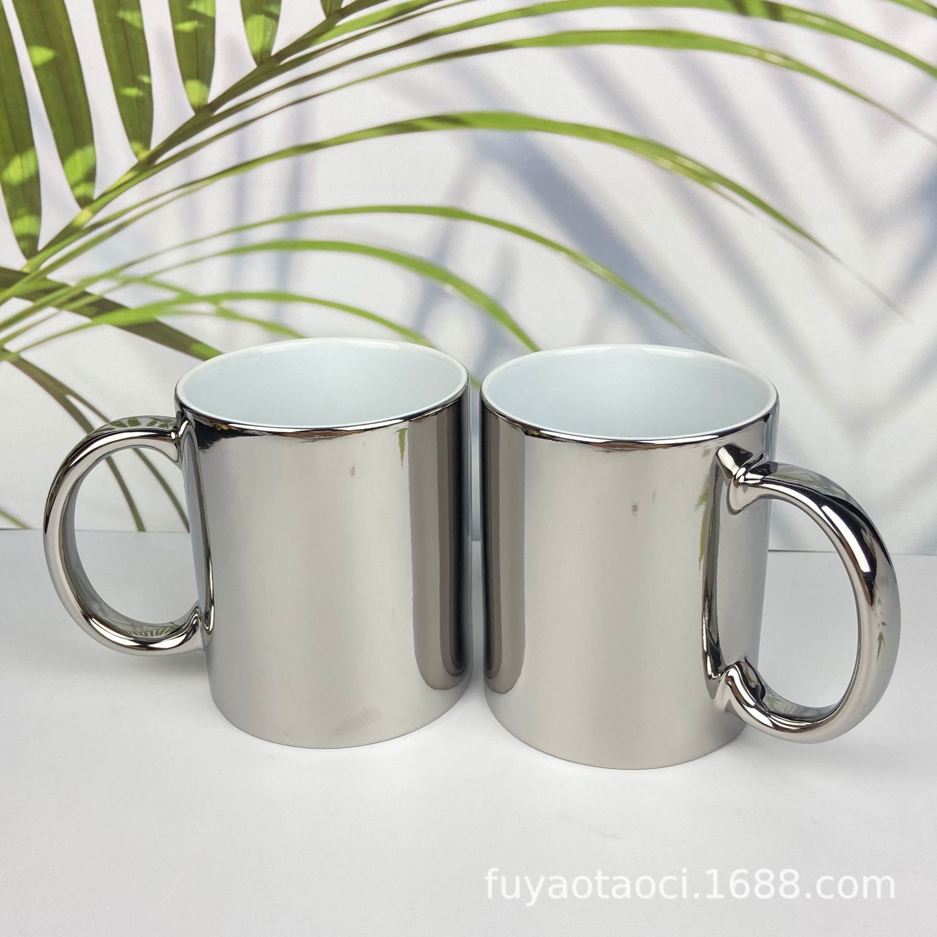 Electroplating Cup Golden Silver Straight Body Ceramic Cup Export Gold and Silver Handle Coating Thermal Transfer Mug Printed Pattern