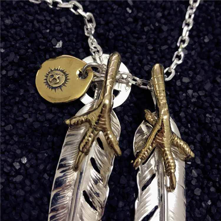 高桥吾郎goros正品复刻 印第安风格925纯银双鹰爪羽毛 老鹰项链