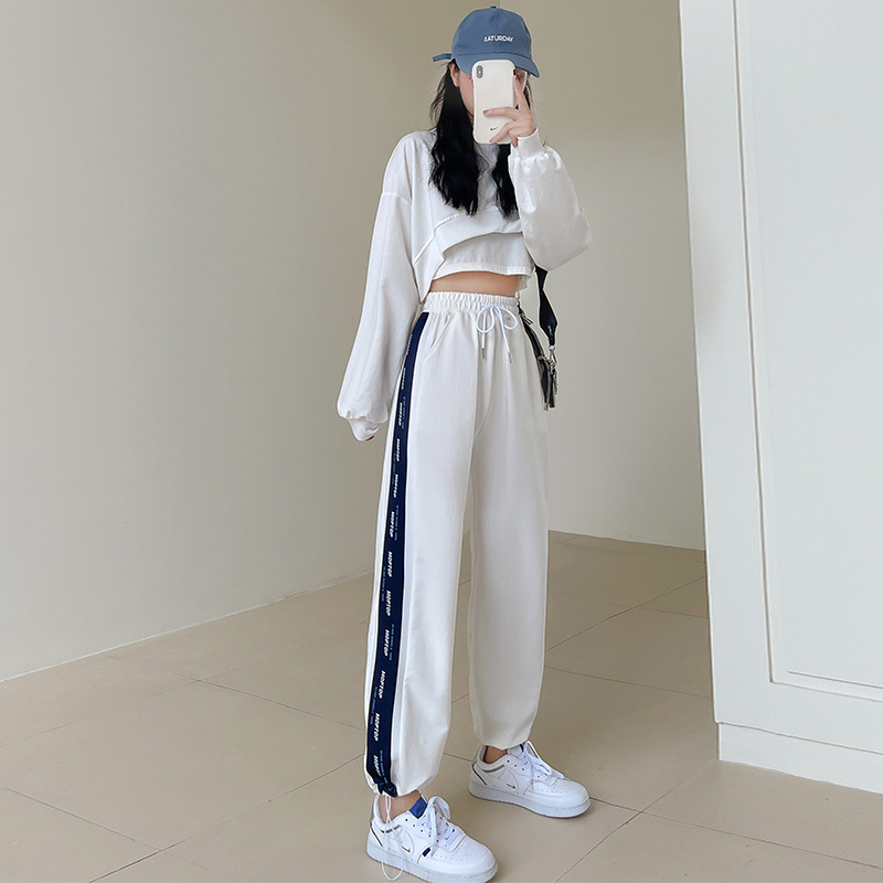 白色运动裤女春秋冬季新款宽松显瘦束脚卫裤高腰休闲两穿阔腿裤
