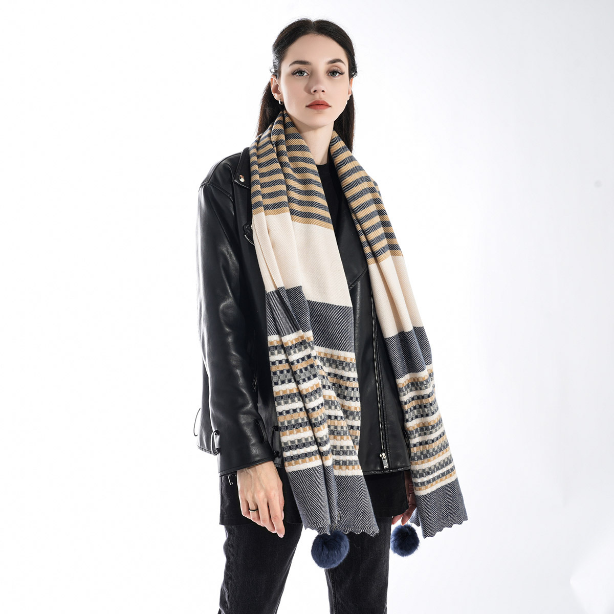 European and American Autumn and Winter New Cashmere Plaid Striped Jacquard Thickened Warm Atmosphere Fur Ball Scarf Shawl for Women