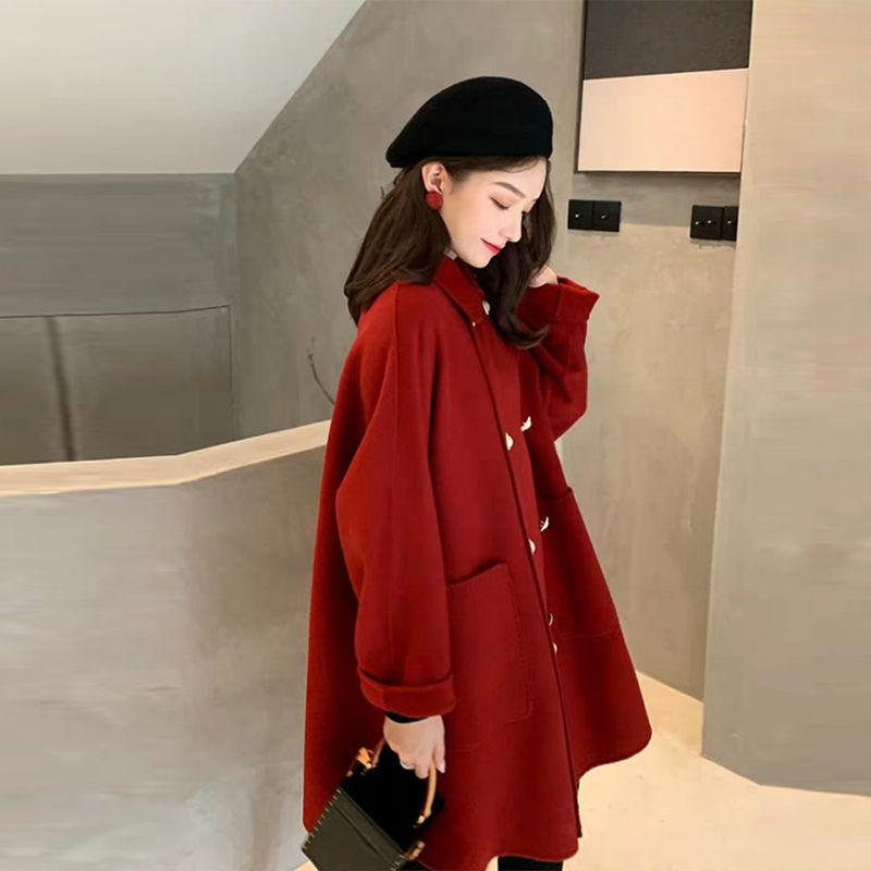 双面羊毛绒大衣女2019新款冬季红色小个子中长款斗篷呢子外套