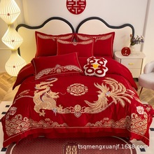 厂家批发结婚床上用品四件套婚庆刺绣冬季被单红色新嫁喜礼高级感