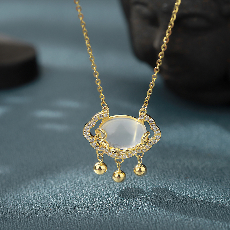 s925纯银玉如意平安锁项链女款白玉髓吊坠宫廷风设计感流苏锁骨链