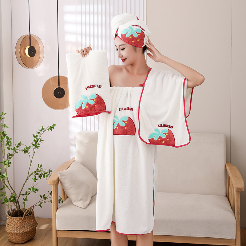 Strawberry Bath Towel Summer Women Can Wear Absorbent Quick-Drying Lint Free Cute Student Hair-Drying Cap Bath Skirt Bathrobe Three-Piece Set