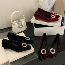 方头粗跟蝴蝶结单鞋女外穿2025年春夏新款水钻气质浅口中低跟鞋子