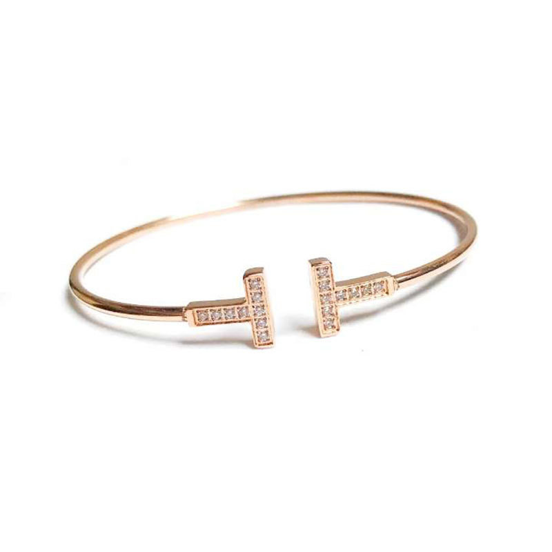 Diamond-Embedded Double T Open-Ended Bracelet Female All-Match Jewelry Bracelet TikTok Same Style T Home Ring Live Broadcast Ornament Factory Wholesale