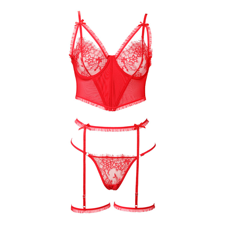 French Style plus Size Lace Uniform Seductive Sexy Lingerie Three-Piece Set Women's Small Breast Push up Push up Adjustable Bra