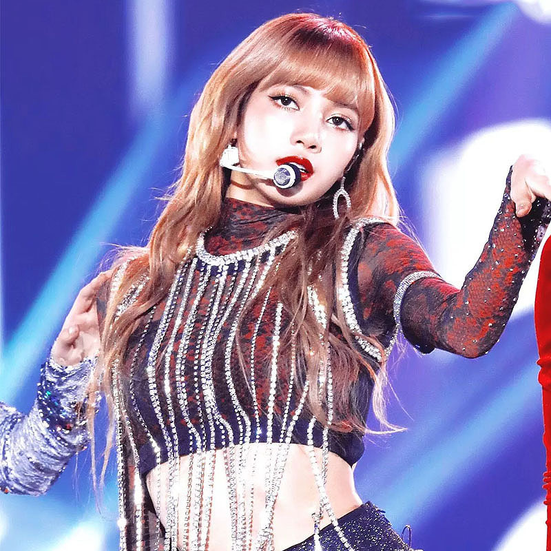 lisa舞台同款印花上衣女长袖修身舞蹈打歌服冰丝网纱打底衫夏