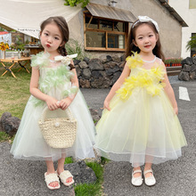 中小童女夏新款2024公主风甜美撞色珍珠双层纱立体花朵连衣裙外贸