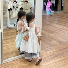 气质女童套装2024春夏韩版纯色吊带裙蕾丝牛仔裤洋气叠穿两件套潮