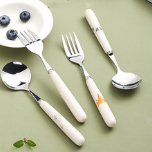 卡通陶瓷柄304不锈钢叉勺儿童可用食品级餐勺餐叉